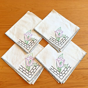 Vintage Napkins Set of 4 Hand Embroidered White Purple Flower Black Border